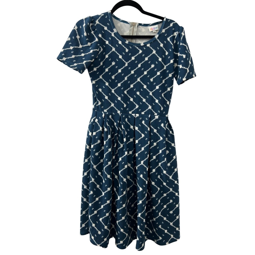 LuLaRoe Blue White Geometric Print Fit Flare Midi Dress Short Sleeve Pockets - Picture 1 of 10